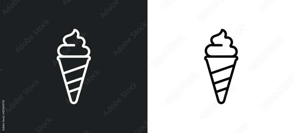 stripped ice cream cone outline icon in white and black colors. stripped ice cream cone flat vector icon from cinema collection for web, mobile apps and ui.