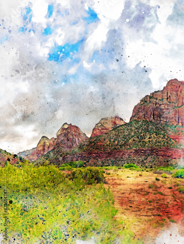 Digitally created watercolor painting of the Watchman a kayenta rock formation of Zion National Park in Utah.