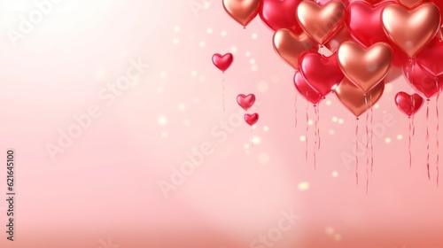 holiday background with heart shaped balloons on pink background. love and celebration. valentine s day card balloons with red heart. Generative AI 