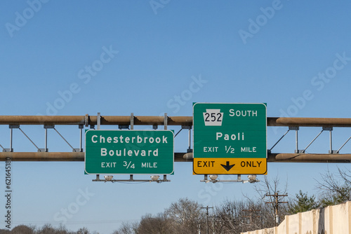 Exit signs in Berwyn, Pennsylvania on US202 South for Chesterbrook Boulevard and PA 252 Swedesford Road South toward Paoli photo