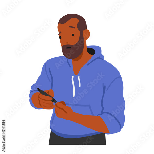 Diabetic Man Character Uses Pen On Finger For Blood Glucose Testing, Ensuring Accurate Monitoring Of His Glucose Levels