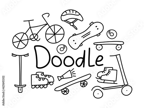 Doodle city transport transport set. Sports and recreation. Bicycle and scooter. Skate and rollers. Skates. Exercise stress. Security - helmet and bell. Riding, travel. Vector illustration.