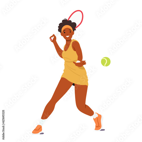 African American Woman Gracefully Serves And Rallies On The Tennis Court. Female Character Displaying Agility