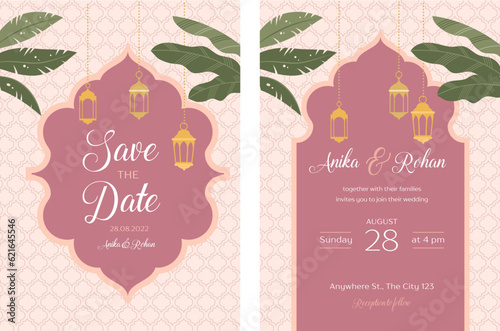 Indian Wedding Invitation and Save the date templates set. Exotic wedding theme with palms, lanterns and pattern 