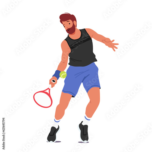 Mature Male Character Swings Racket, Hits Ball Across The Net. Athlete Man Runs, Jumps, And Strategizes To Win Points © Hanna Syvak