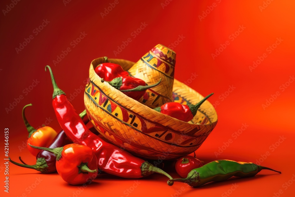 Fototapeta premium straw plate with red and green hot chili peppers on a bright background. Generative AI