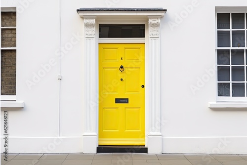 Luxury London Living: Yellow Door on Modern White Stucco Townhouse