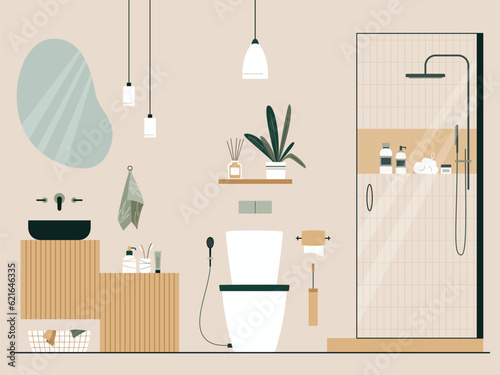 Shower room or bathroom interior design flat vector illustration. Shower cabin, bathroom cabinet, and toilet, sink, mirror, bathroom furniture and accessories. Japandi or Scandinavian interior style