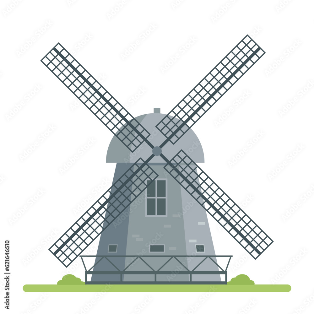 Stone windmill. Traditional farm building for grinding wheat grains to flour. Dutch or netherland wind Mill. Vector illustration icon isolated on white background.