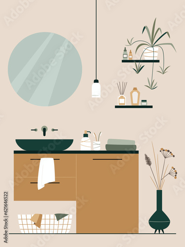 Bathroom interior design flat vector illustration.  Bathroom cabinet with sink, mirror, bathroom furniture, accessories and plants. Japandi or Scandinavian interior style