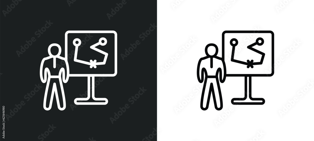 Fototapeta premium person explaining strategy on a board with a sketch outline icon in white and black colors. person explaining strategy on a board with sketch flat vector icon from business collection for web,