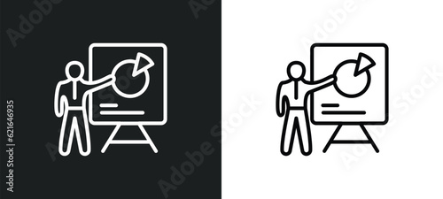 person in data analytics presentation with a graphic on a screen outline icon in white and black colors. person in data analytics presentation with a graphic on screen flat vector icon from business