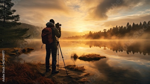 A professional photographer capturing the beauty of nature in a serene landscape, generative ai