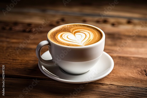 Vintage Style White Coffee Cup with Heart-Shaped Latte Art on Wooden Table. Close-Up of Hot Drink Mug with Beautiful Art Design  Generative AI