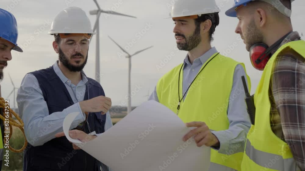 Group of engineers talking in a wind field. There is a windmill at the back ground. One of them wear a paper plan in the hand. Group of engineers talking in a wind field. There is a windmill at the back ground. One of them wear a paper plan in the hand.