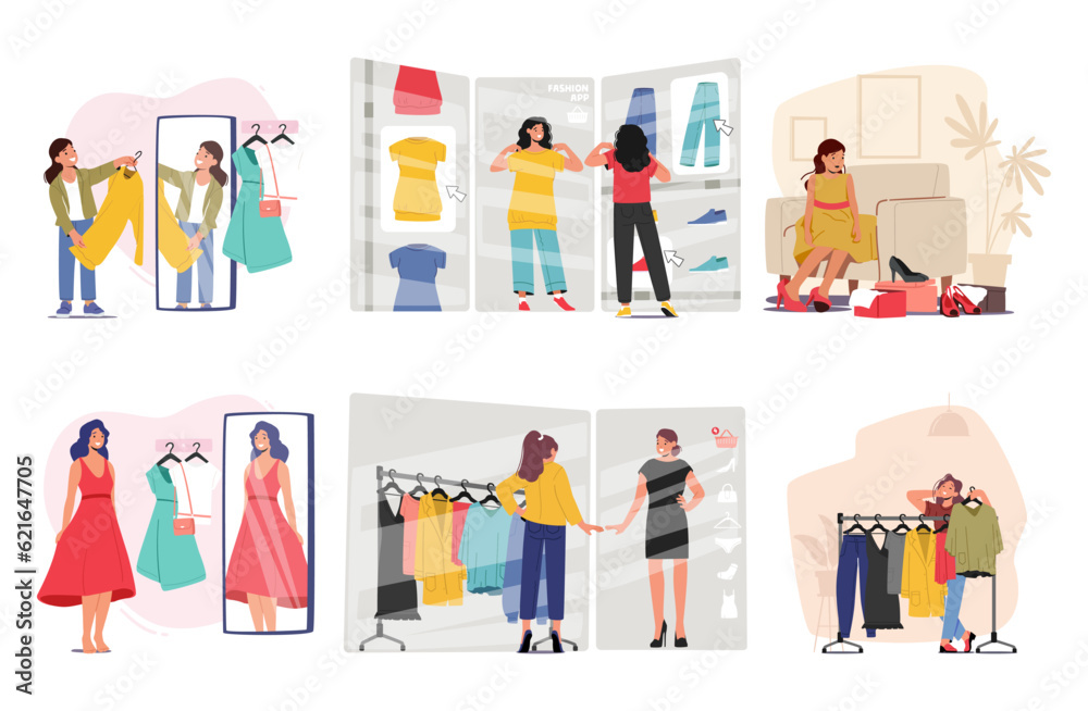 Set Of Female Shopper Characters Browsing Clothes Racks, Trying On Various Outfits And Seeking Stylish Garments Set Of Female Shopper Characters Browsing Clothes Racks, Trying On Various Outfits And Seeking Stylish Garments