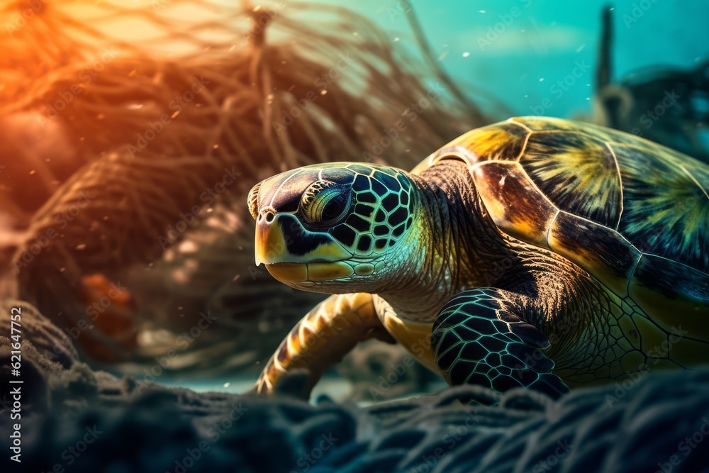 Fototapeta premium A sea turtle tangled in discarded fishing nets, serving as a reminder of the harmful effects of ghost fishing gear on marine life. Generative Ai