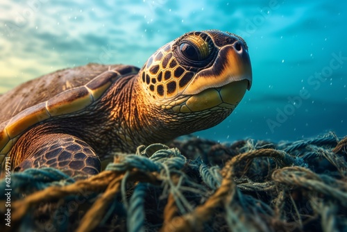 A sea turtle tangled in discarded fishing nets  serving as a reminder of the harmful effects of ghost fishing gear on marine life. Generative Ai
