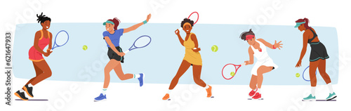 Women Characters Play Tennis, Displaying Remarkable Athleticism And Skill. They Compete Fiercely On Court