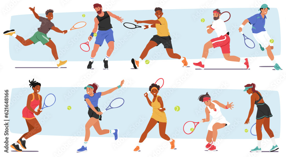 Set of Male and Female Characters Engage In Tennis, A Popular Sport. Young Men and Women with Racquets And A Ball