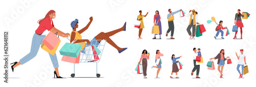 Set of Character Carrying Shopping Bags  Symbolizing Consumerism And Retail Therapy. People Purchasing Goods