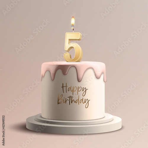 Five Years. Vector Birthday Anniversary Sweet Cake. Greeting Card, Banner with 3d Realistic Burning Golden Birthday Party Candle, Number, Flame. Icon Design Template for Birthday Concept. Front View