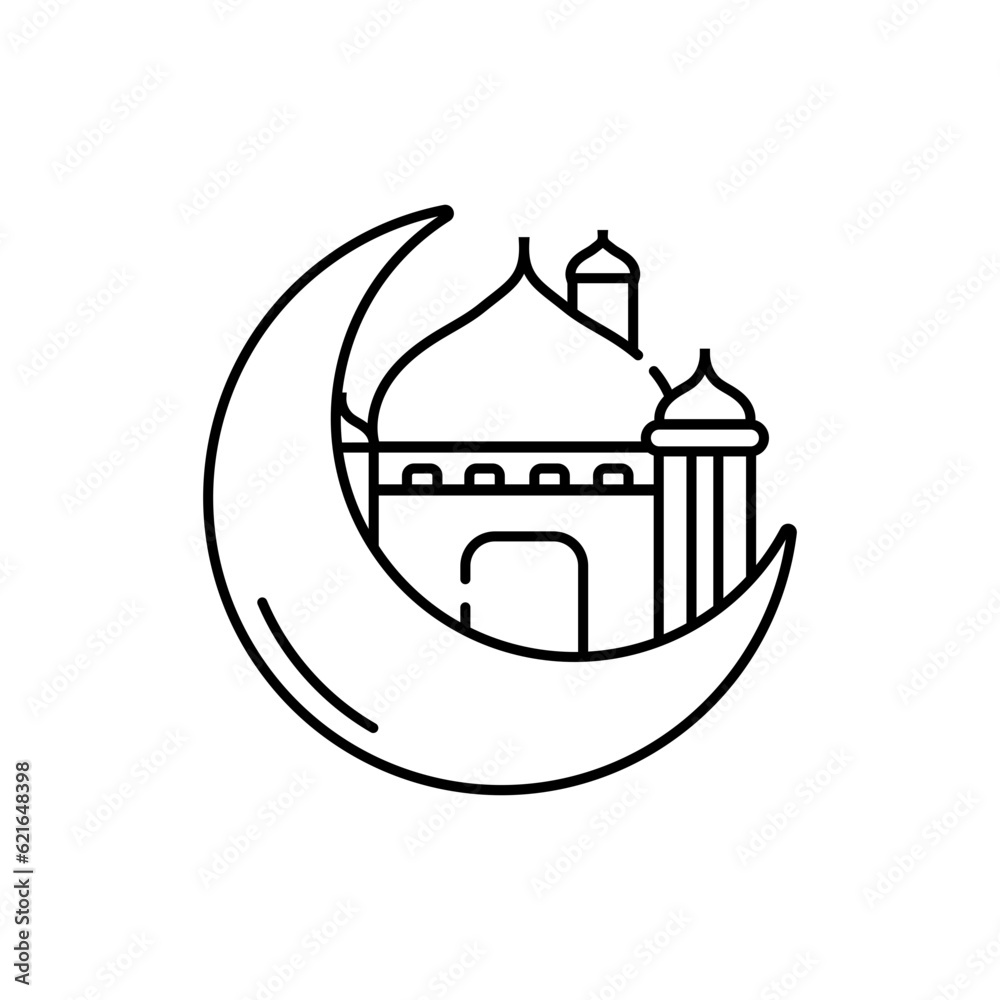 mosque and crescent moon icon over white background, line style, vector illustration