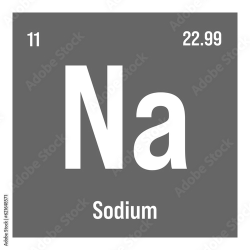 Sodium, Na, periodic table element with name, symbol, atomic number and weight. Alkali metal with various industrial uses, such as in soap, certain types of glass, and as a medication for certain