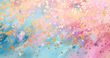 An abstract painting with gold, blue, and pink colors.