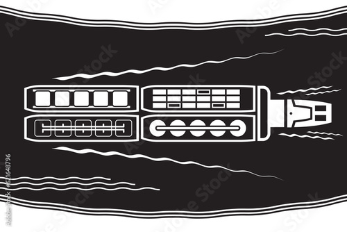 Tugboat moving industrial ships into the river – vector illustration