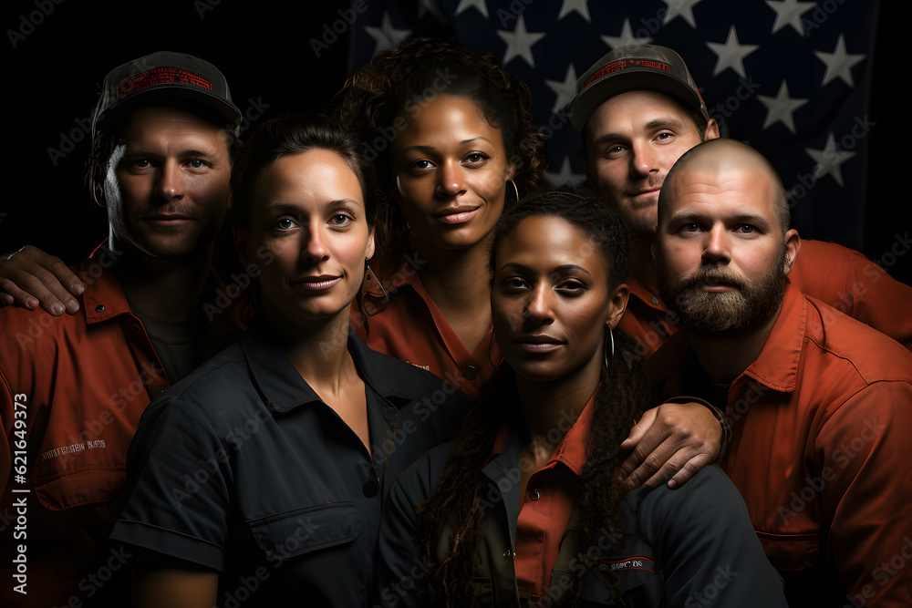 Fiction group portraits of working man and woman , different generations and occupations in their uniforms posing for labor day calendar, AI Generated images and persons. Fiction group portraits of working man and woman , different generations and occupations in their uniforms posing for labor day calendar, AI Generated images and persons.