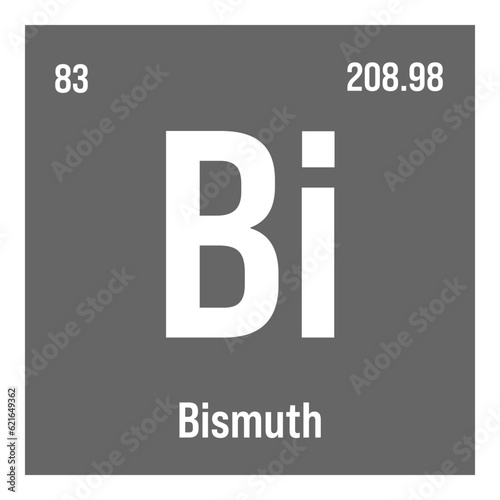 Bismuth, Bi, periodic table element with name, symbol, atomic number and weight. Heavy metal with various industrial uses, such as in cosmetics, alloys, and as a substitute for lead in certain
