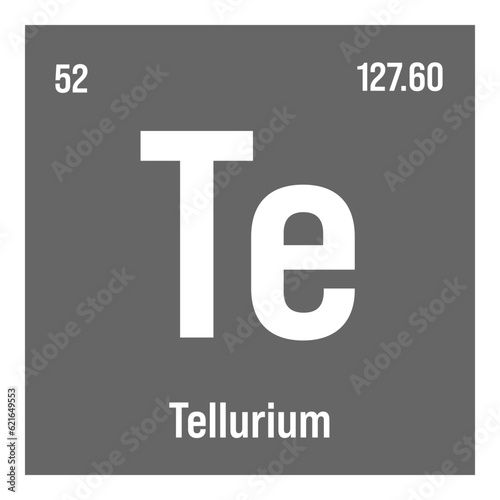 Tellurium, Te, periodic table element with name, symbol, atomic number and weight. Metalloid with various industrial uses, such as in certain types of glass, solar cells, and as a component in certain