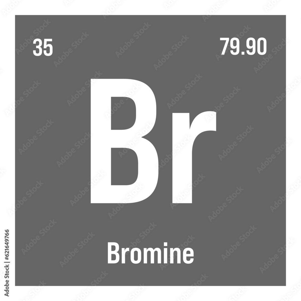 Bromine, Br, periodic table element with name, symbol, atomic number