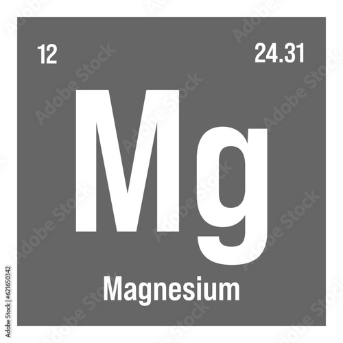 Magnesium, Mg, periodic table element with name, symbol, atomic number and weight. Alkaline earth metal with various industrial uses, such as in alloys, construction, and as a component in certain