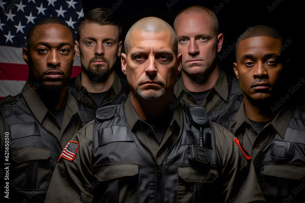 Fiction group portraits of working man and woman , different generations and occupations in their uniforms posing for labor day calendar, AI Generated images and persons. 