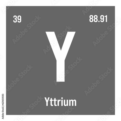 Yttrium, Y, periodic table element with name, symbol, atomic number and weight. Rare earth metal with various industrial uses, such as in certain types of lighting and as a component in certain types