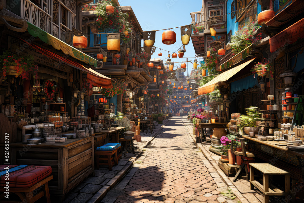 A bustling street market with colorful stalls. Generative Ai.
