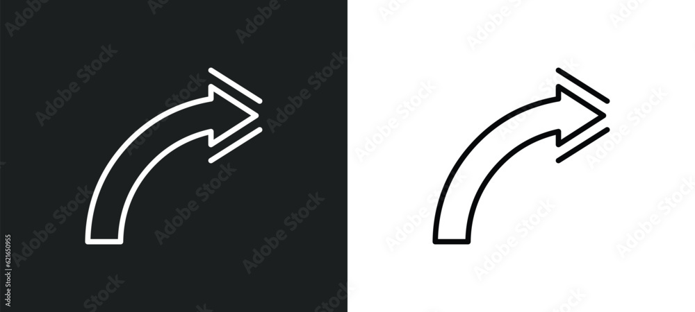 curved arrow outline icon in white and black colors. curved arrow flat ...