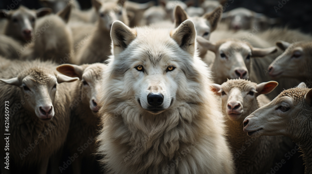 A Wolf In Sheep's Clothing - A wolf among dozens of sheep - Generative AI. A Wolf In Sheep's Clothing - A wolf among dozens of sheep - Generative AI.