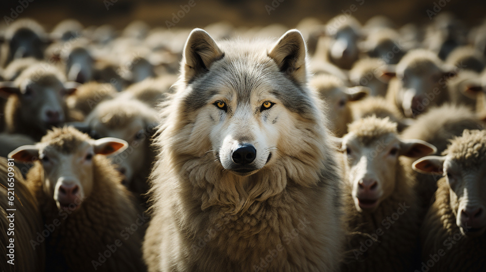 A Wolf In Sheep's Clothing - A wolf among dozens of sheep - Generative AI. A Wolf In Sheep's Clothing - A wolf among dozens of sheep - Generative AI.