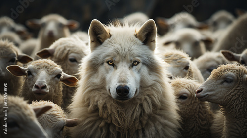 Obraz na plátne A Wolf In Sheep's Clothing - A wolf among dozens of sheep - Generative AI
