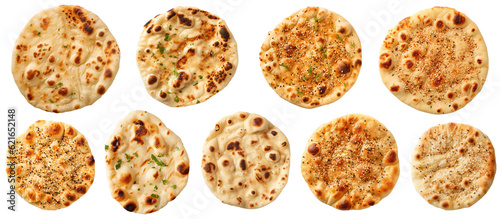 Different variety of naan breads, on a transparent background, having garlic naan, sesame naan, roghni naan, plain naan, png photo