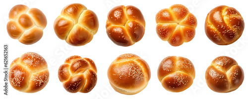 Variety of different sweet bakery buns, including brioche buns on a transparent png background, isolated photo