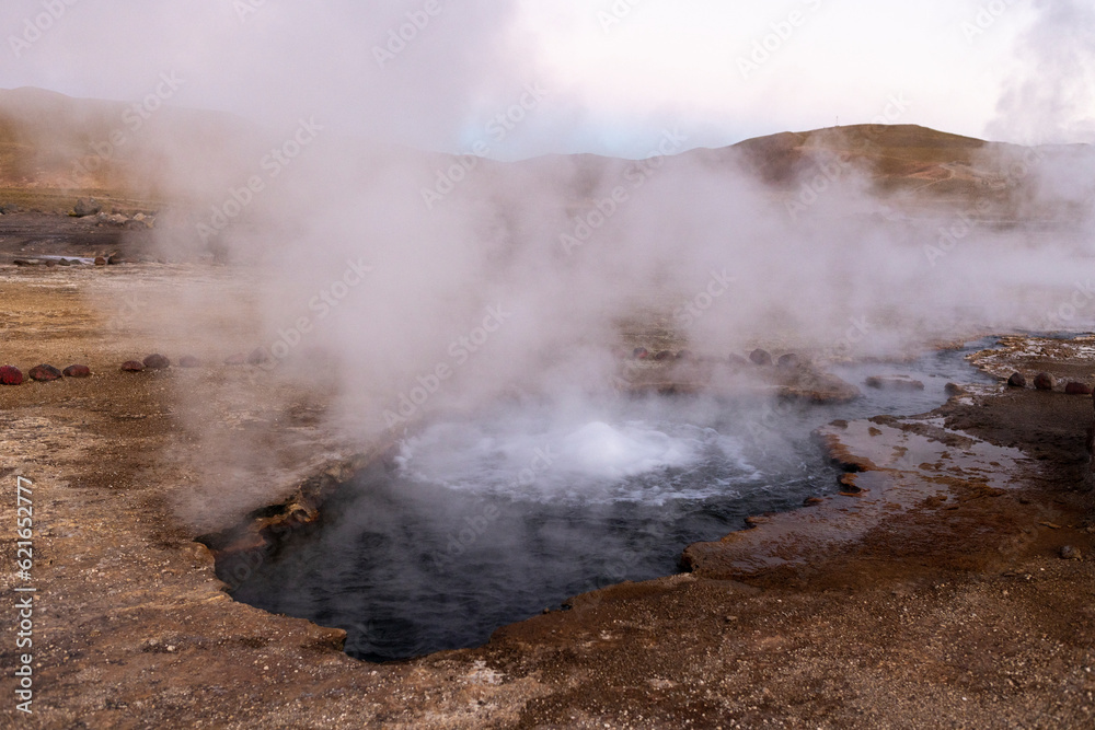 Exploring the fascinating geothermic fields of El Tatio with its steaming geysers and hot pools high up in the Atacama desert in Chile, South America
