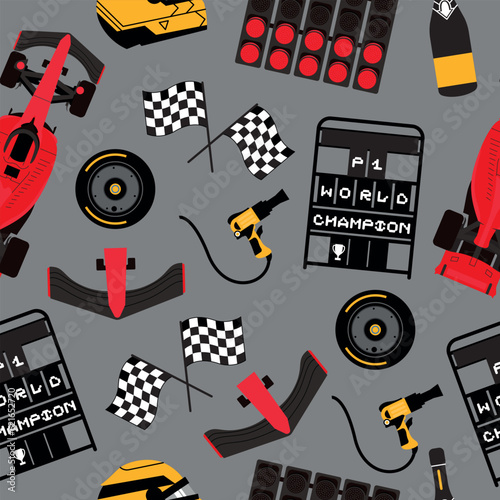 Formula 1 seamless pattern. Types of tire, car, helmet, pit stop, podium, lights out. Speed racing tournament. Formula One championship. Motorsport concept. Vector Illustration isolated on background