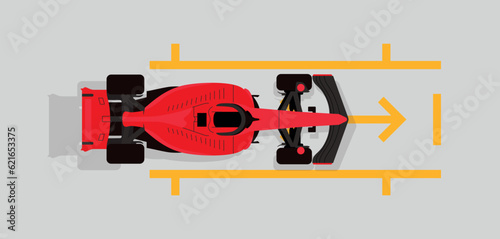 Red formula car on pit stop. F1 landscape. Speed racing tournament. Formula One championship. Motorsport concept. Vector Illustration isolated on background. Poster design