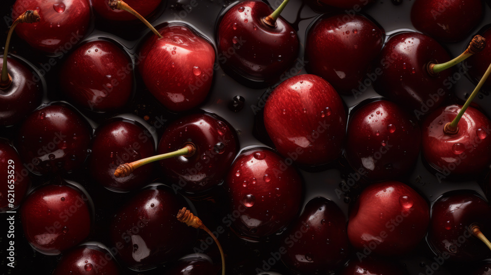 Cherry with droplet - Cherry in water - Created with Generative AI technology. Cherry with droplet - Cherry in water - Created with Generative AI technology.