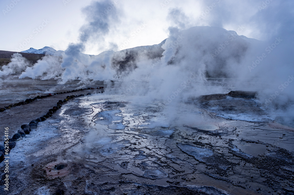 Obraz premium Exploring the fascinating geothermic fields of El Tatio with its steaming geysers and hot pools high up in the Atacama desert in Chile, South America