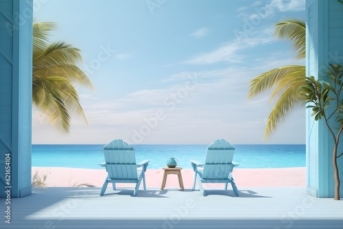 Relaxation on a beach concept. Two deck chairs on seashore, ocean sands in summer.Copy space.